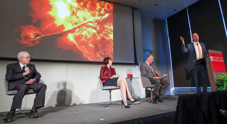 Dr. Thomas Zurbuchen , Associate Administrator for the Science Mission Directorate at NASA (R), speaks as Dr. Eugene Parker, University of Chicago astrophysicist (L), Dr. Nicola Fox, project scientist for the Solar Probe Plus and Dr. Rocky Kolb, from University of Chicago (2nd R), listen during the NASA announcement on its first mission to fly directly into the sun's atmosphere at the University of Chicago in Chicago, Illinois, U.S. May 31, 2017. REUTERS/Kamil Krzaczynski