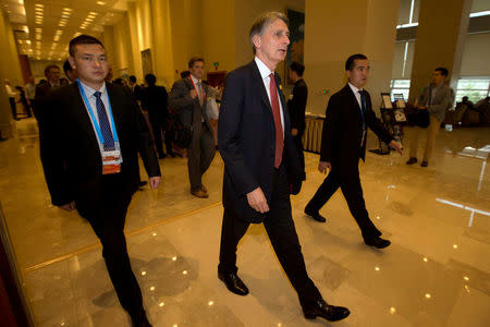 Britain's Chancellor of the Exchequer Philip Hammond (C) walks to a meeting during the G20 Finance Ministers and Central Bank Governors conference held in Chengdu in Southwestern China's Sichuan province, July 23, 2016. REUTERS/Ng Han Guan