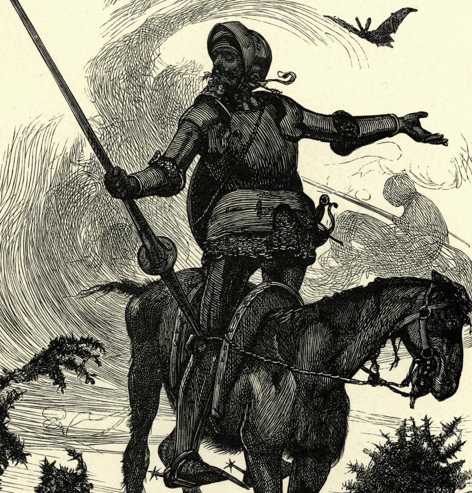 Vintage engraving of Don Quixote sitting on his horse
