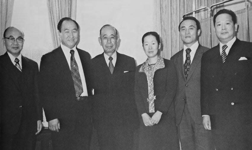 Nobusuke Kishi with Sun Myung Moon and Hak Ja Han. Osami Kuboki, on the right, was the leader of the Unification Church in Japan for many years