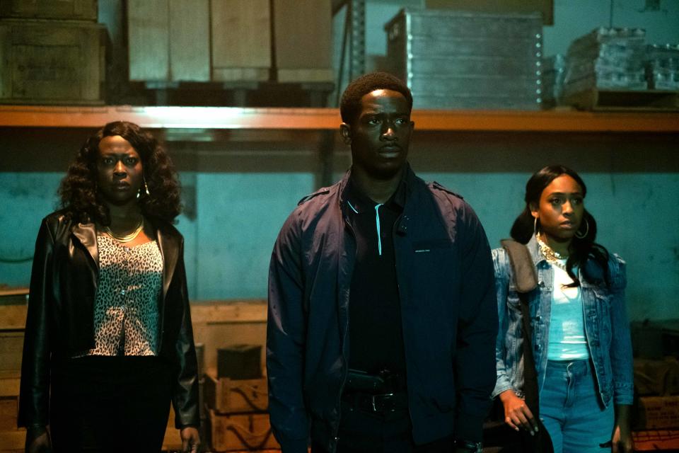 Christine Horn as Black Diamond, Damson Idris as Franklin Saint, Taylor Polidore as Dallas. - Credit: Ray Mickshaw/FX