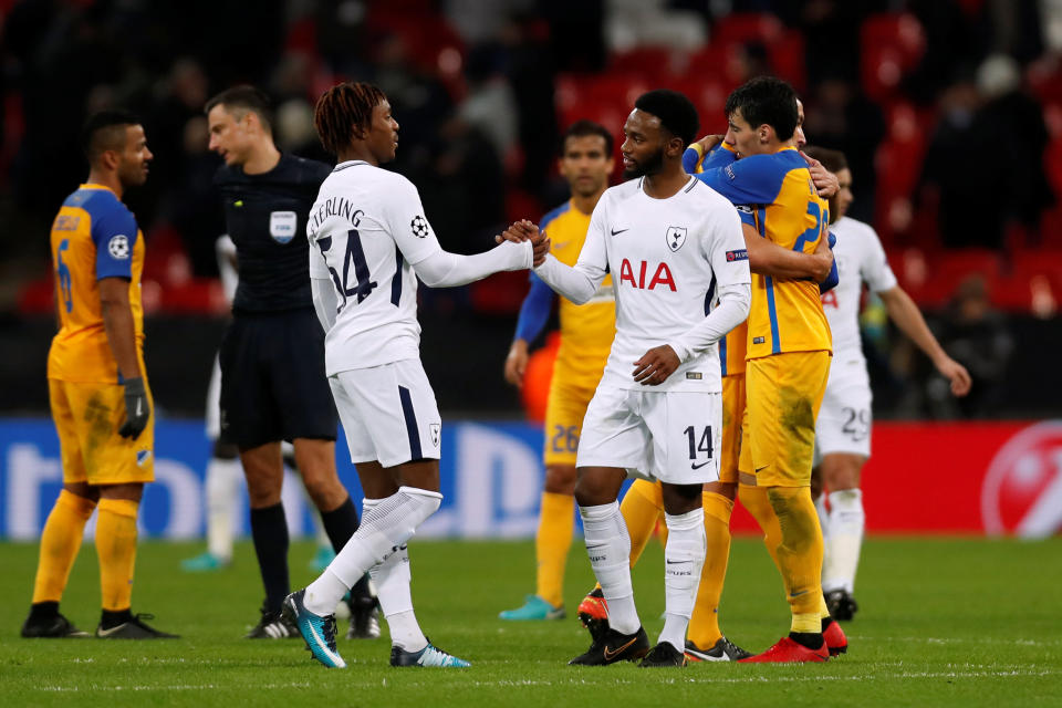 Soccer Football – Champions League – Tottenham Hotspur vs Apoel Nicosia – Wembley Stadium, London, Britain – December 6, 2017 Tottenham’s Georges-Kevin Nkoudou celebrates with Kaziah Sterling at the end of the match Action Images via Reuters/Paul Childs