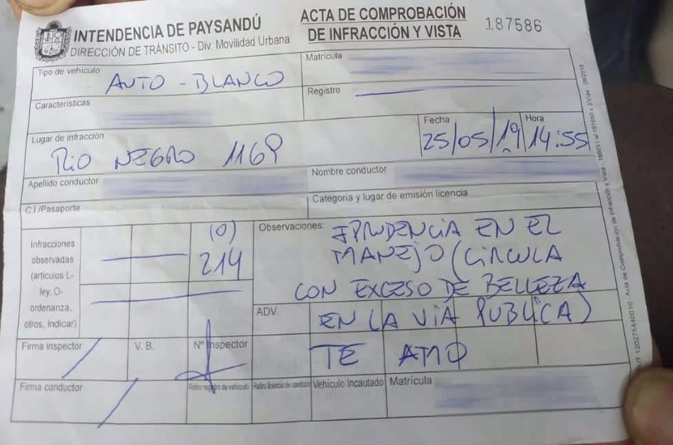 Die Autofahrerin erhielt einen Strafzettel wegen "übermäßiger Schönheit". (Bild: Facebook Diario El Telegraf – Paysandú)