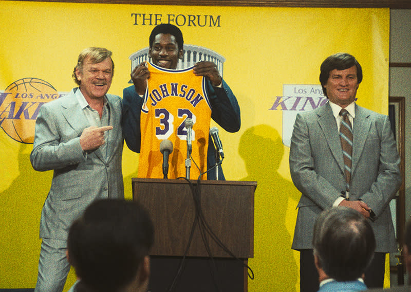 John C. Reilly (as Jerry Buss), Quincy Isaiah (as Magic Johnson) and Jason Clarke (as Jerry West) in a scene from Winning Time.