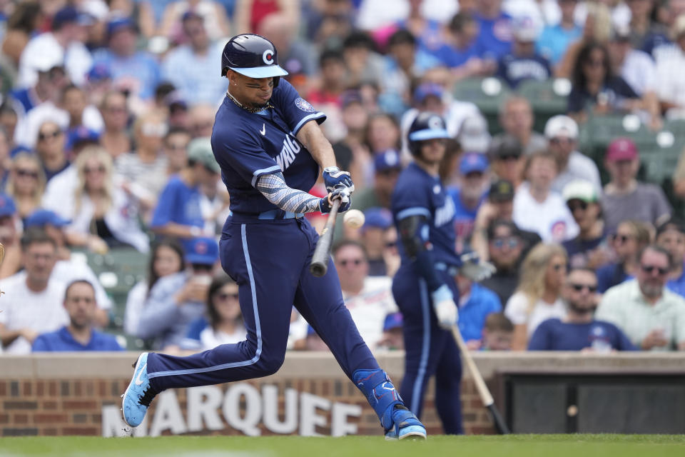 Chicago Cubs' Christopher Morel hits a two-run home run off Cleveland Guardians relief pitcher Xzavion Curry during the sixth inning of a baseball game Friday, June 30, 2023, in Chicago. (AP Photo/Charles Rex Arbogast)