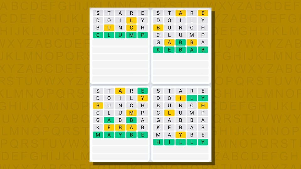 Quordle daily sequence answers for game 747 on a yellow background