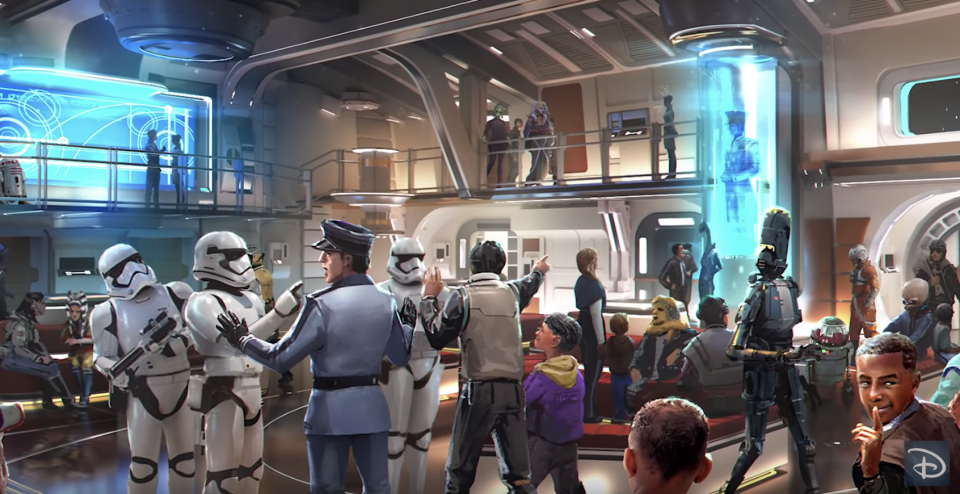 Families can stay up to two nights at the planned "Star Wars" hotel at Walt Disney World Resort in Orlando, depicted here in an artist's rendering. (Photo: Disney Parks via YouTube)