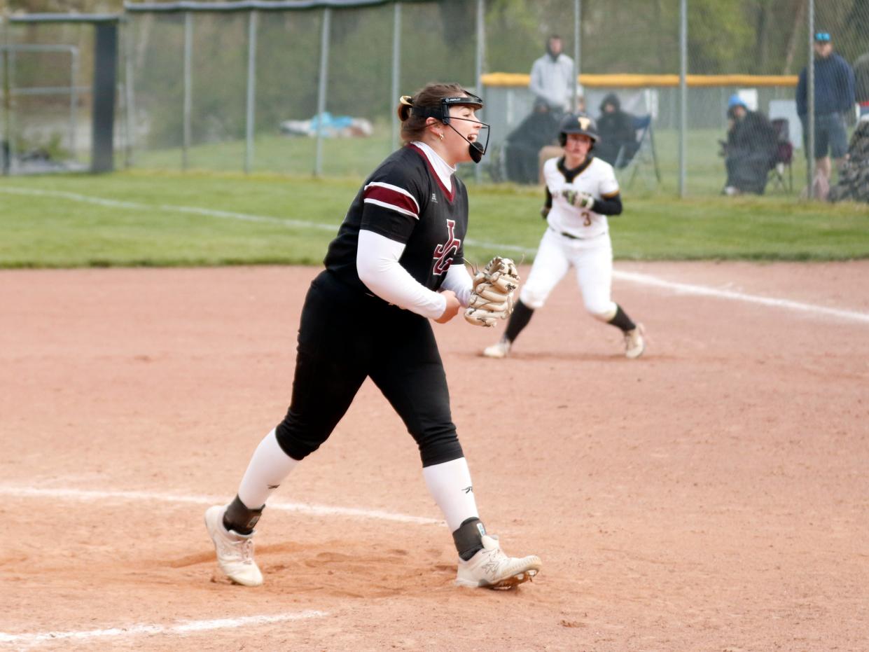 Sydney Marshall celebrates after recording a game-ending strikeout in John Glenn's 9-3 win against host Tri-Valley on Wednesday in Dresden.