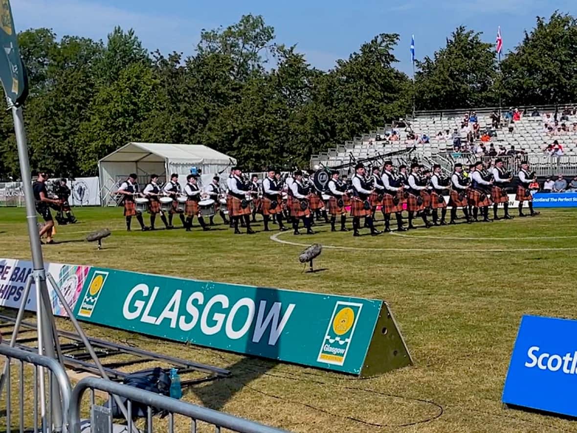 The SFU Pipe Band during its world championship performance in Glasgow, Scotland on Aug. 13, 2022. (Submitted by SFU Pipe Band - image credit)