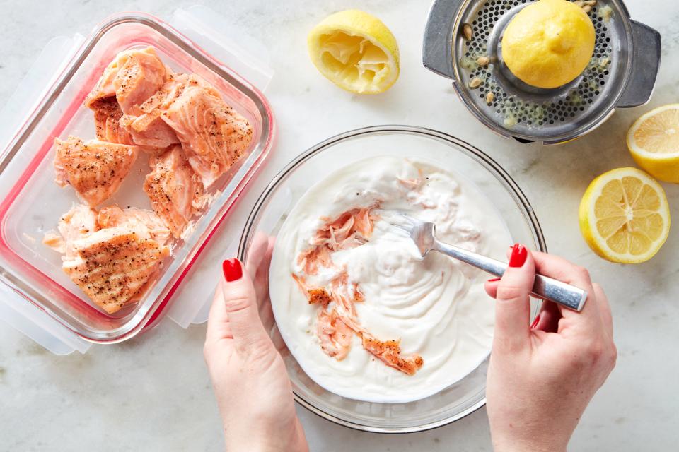 The cold leftover salmon will flake into the yogurt as you stir, so you don't need to flake it too small.