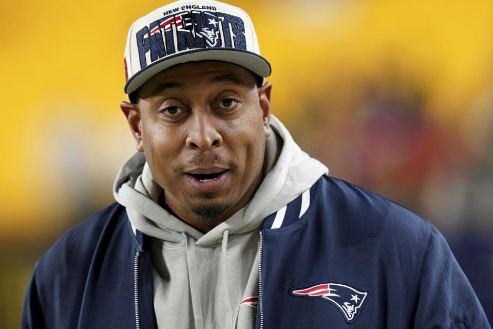 FILE -New England Patriots defensive line coach DeMarcus Covington stands on the sidelines before an NFL football game against the Pittsburgh Steelers Thursday, Dec. 7, 2023, in Pittsburgh. Jerod Mayo was clear when he was hired as the New England Patriots new coach that he wanted to empower his new staff with the freedom to have a voice both on the sideline and in the meeting rooms. Mayo announced the addition of 17 new assistants this week, who will support himself and his trio of new offensive coordinator. (AP Photo/Matt Freed, File)