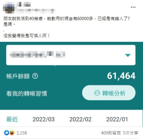 網友分享，自己可動用現金6萬，被說是有錢人。（圖／翻攝自爆料2公社）