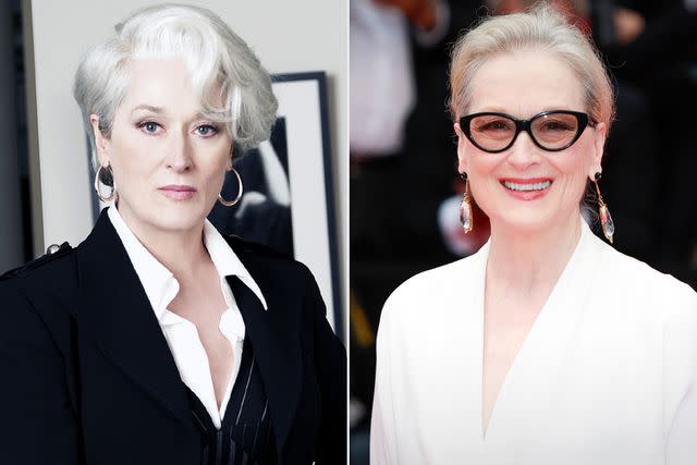 <p>20thCentFox/Courtesy Everett Collection; Laurent KOFFEL/Gamma-Rapho via Getty</p> Meryl Streep as Miranda Priestly in 2006's 'The Devil Wears Prada' and in May 2024