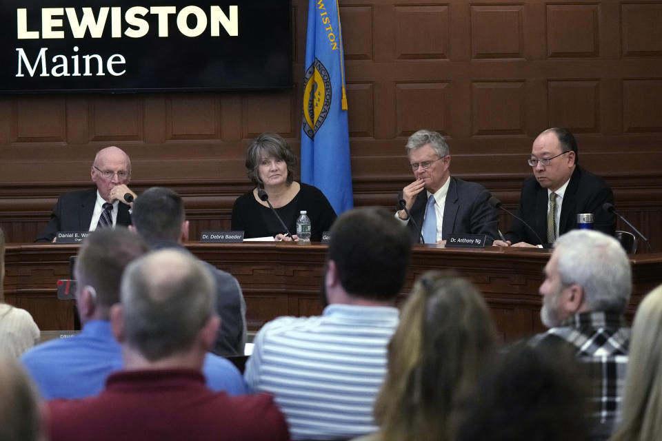 An independent commission, investigating the October 2023 shootings in Lewiston, Maine, listen to shooting survivor Mike Roderick during a public meeting with the commission, Monday, March 4, 2024, in Lewiston, Maine. (AP Photo/Charles Krupa)