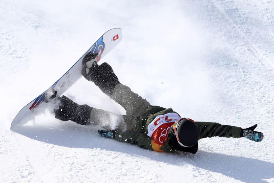 Carla Somaini of Switzerland was among the many riders who crashed in the women’s snowslope final. (Getty)