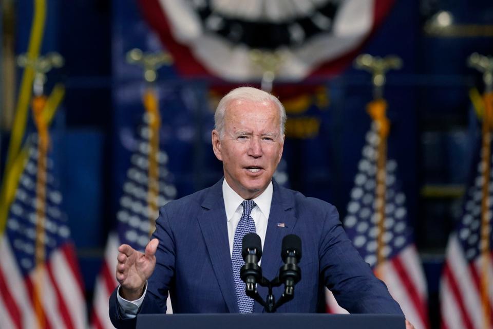 In this Oct. 25, 2021, photo, President Joe Biden speaks at NJ Transit Meadowlands Maintenance Complex to promote his economic agenda in Kearny, N.J.