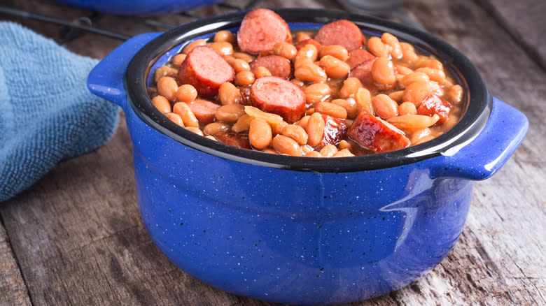 franks and beans in blue dish