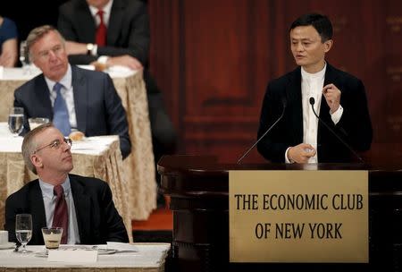 Jack Ma, Founder and Executive Chairman of Alibaba Group addresses the Economic Club of New York at the Waldorf Astoria Hotel in Manhattan. REUTERS/Mike Segar