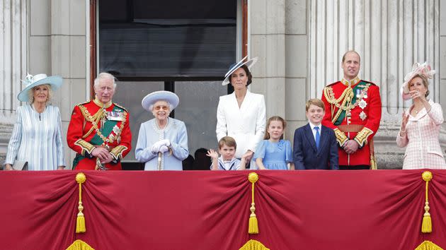 The royals take in the crowds and the fly-past. (Photo: Chris Jackson via Getty Images)