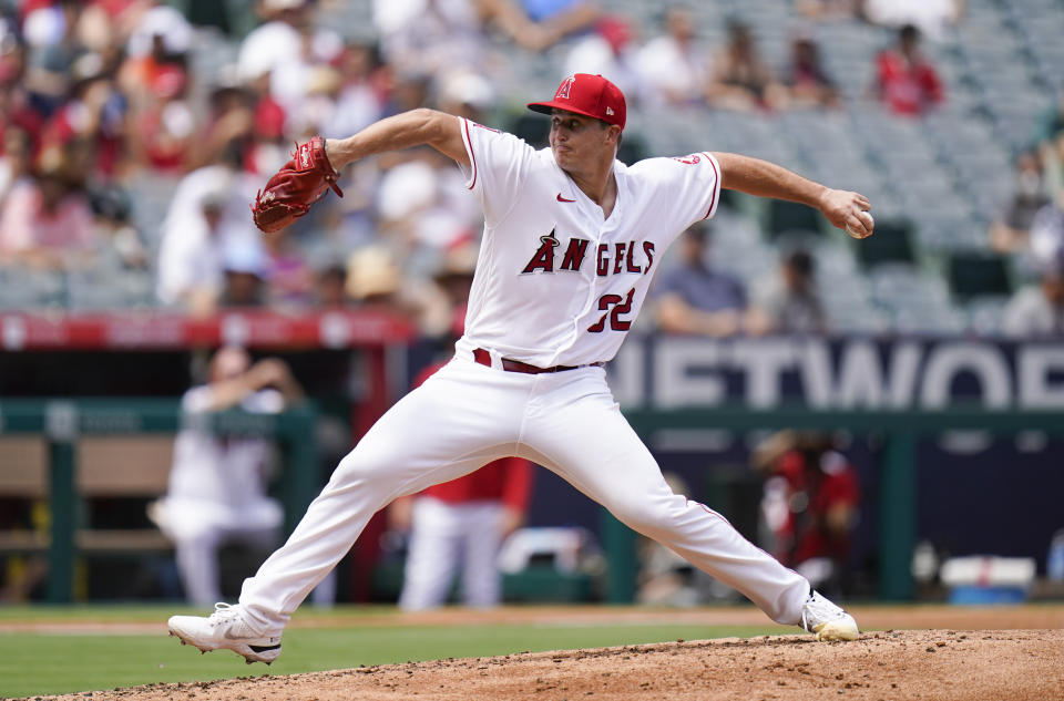 Los Angeles Angels starting pitcher Tucker Davidson throws against the Houston Astros during the second inning of a baseball game Sunday, Sept. 4, 2022, in Anaheim, Calif. (AP Photo/Jae C. Hong)