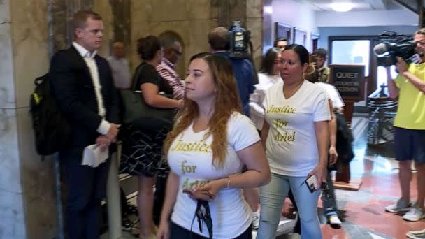 PHOTO: Family members and supporters of Ariel Young attend the court appearance of former NFL coach Britt Neil in Kansas City, Mo., Sept. 13, 2022. (KMBC-ABC)