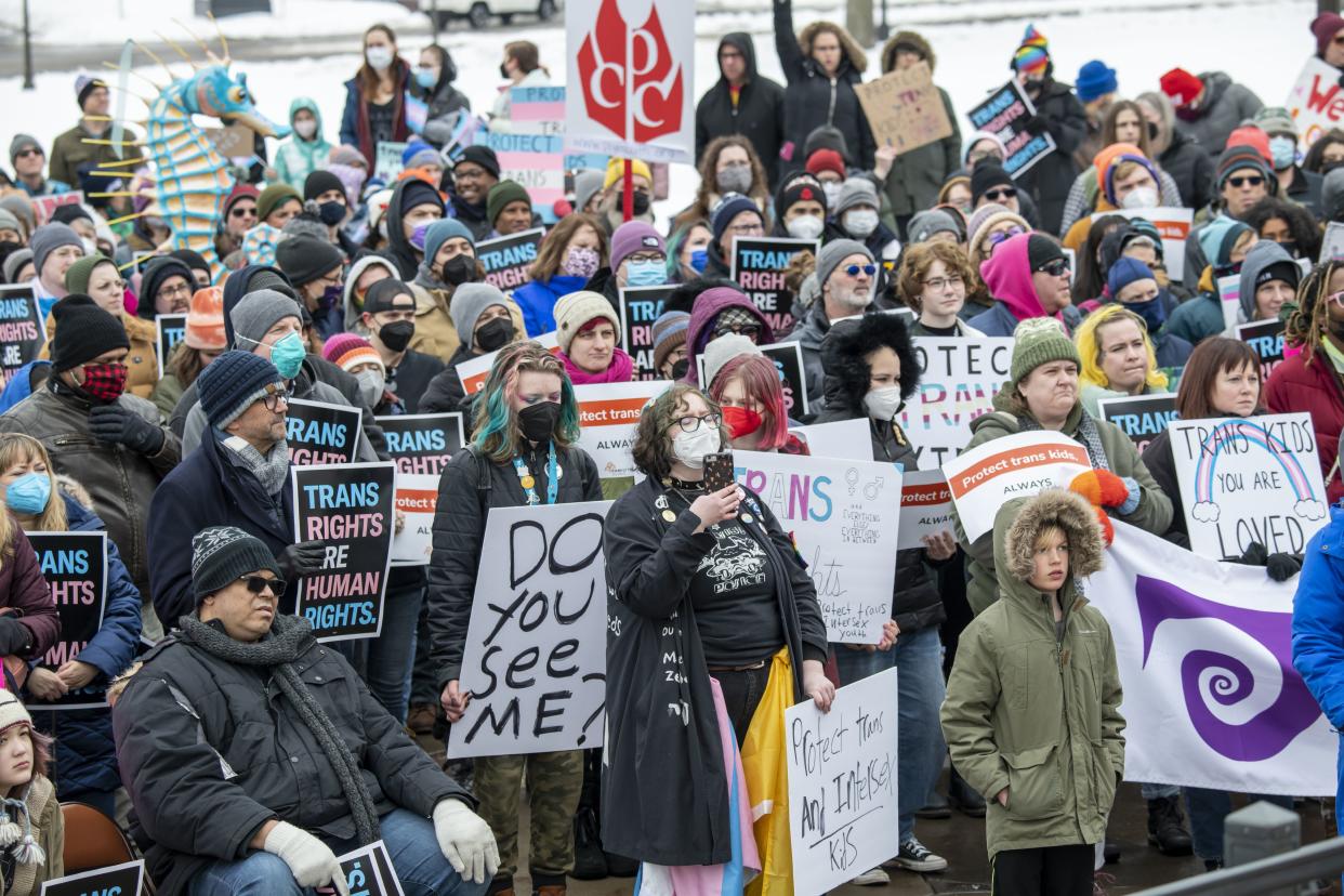 St. Paul, Minnesota. March 6, 2022. Because the attacks against transgender kids are increasing across the country Minneasotans hold a rally at the capitol to support trans kids in Minnesota, Texas, and around the country. (Photo by: Michael Siluk/UCG/Universal Images Group via Getty Images)