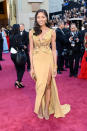 <b>Naomie Harris</b><br> <b>Grade: B</b><br> The "Skyfall" star strutted her stuff in an eco-friendly design by Vivienne Westwood. “My #Oscar dress took 120 hours to make, dyed with camomile and golden rod, hand embroidered with vintage beads and chocolate wrappers,” she tweeted prior to the awards show.