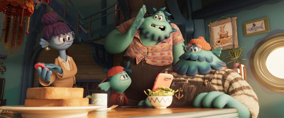 (from left) Agatha Gillman (Toni Collette), Sam Gillman (Blue Chapman), Uncle Brill (Sam Richardson) and Arthur Gillman (Colman Domingo) in DreamWorks Animation’s Ruby Gillman, Teenage Kraken, directed by Kirk DeMicco.