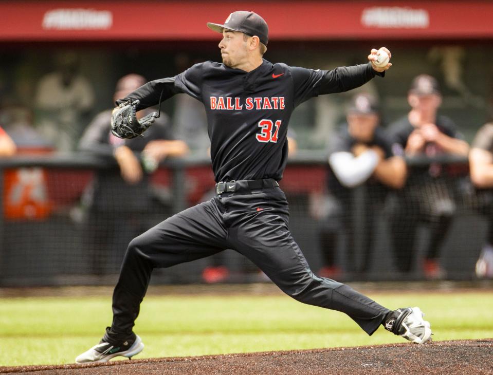 Ball State junior pitcher Tyler Schweitzer throws a pitch during a Mid-American Conference Tournament game against Central Michigan at Ball Diamond at First Merchants Ballpark Friday, May 27, 2022.