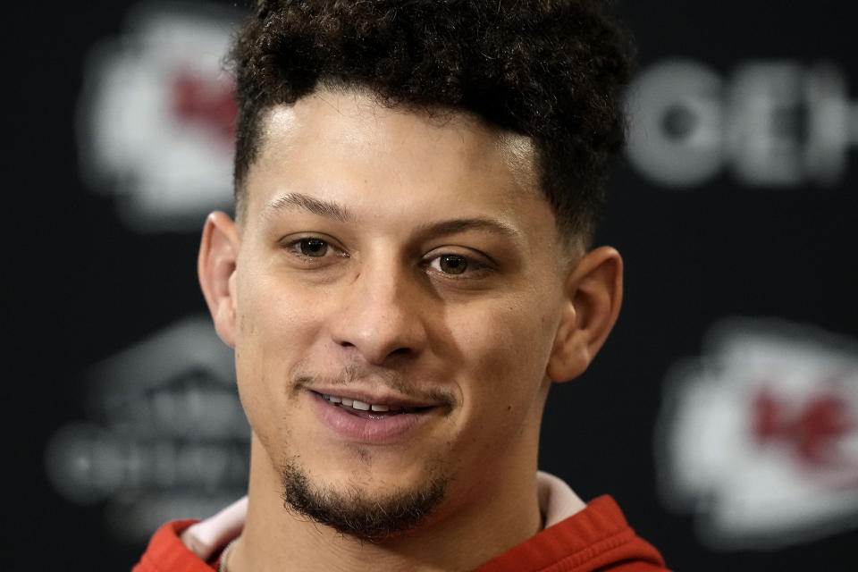 Kansas City Chiefs quarterback Patrick Mahomes talks to the media before the team's NFL football practice Thursday, Feb. 1, 2024 in Kansas City, Mo. The Chiefs will play the San Francisco 49ers in Super Bowl 58. (AP Photo/Charlie Riedel)