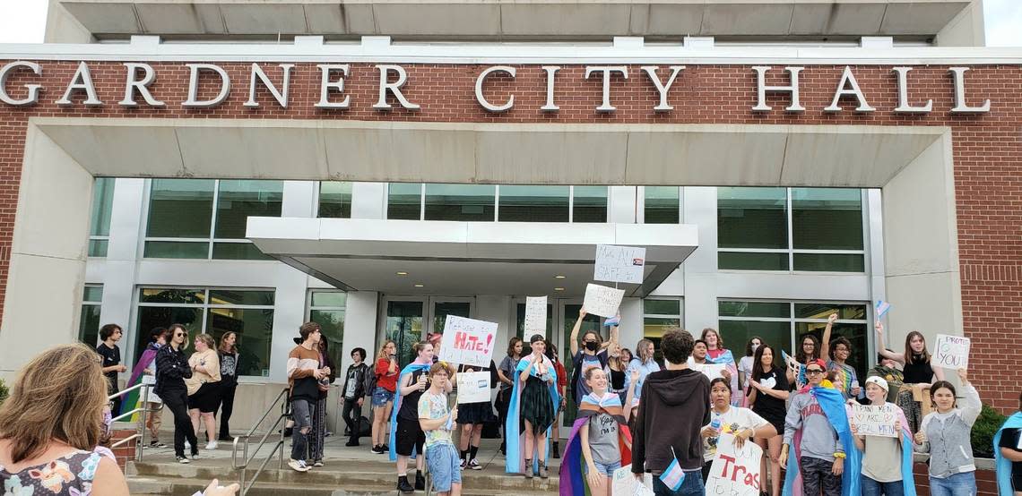 Gardner Edgerton students marched from the high school to Gardner’s City Hall to protest a proposed plan on transgender students’ use of school bathrooms and locker rooms.
