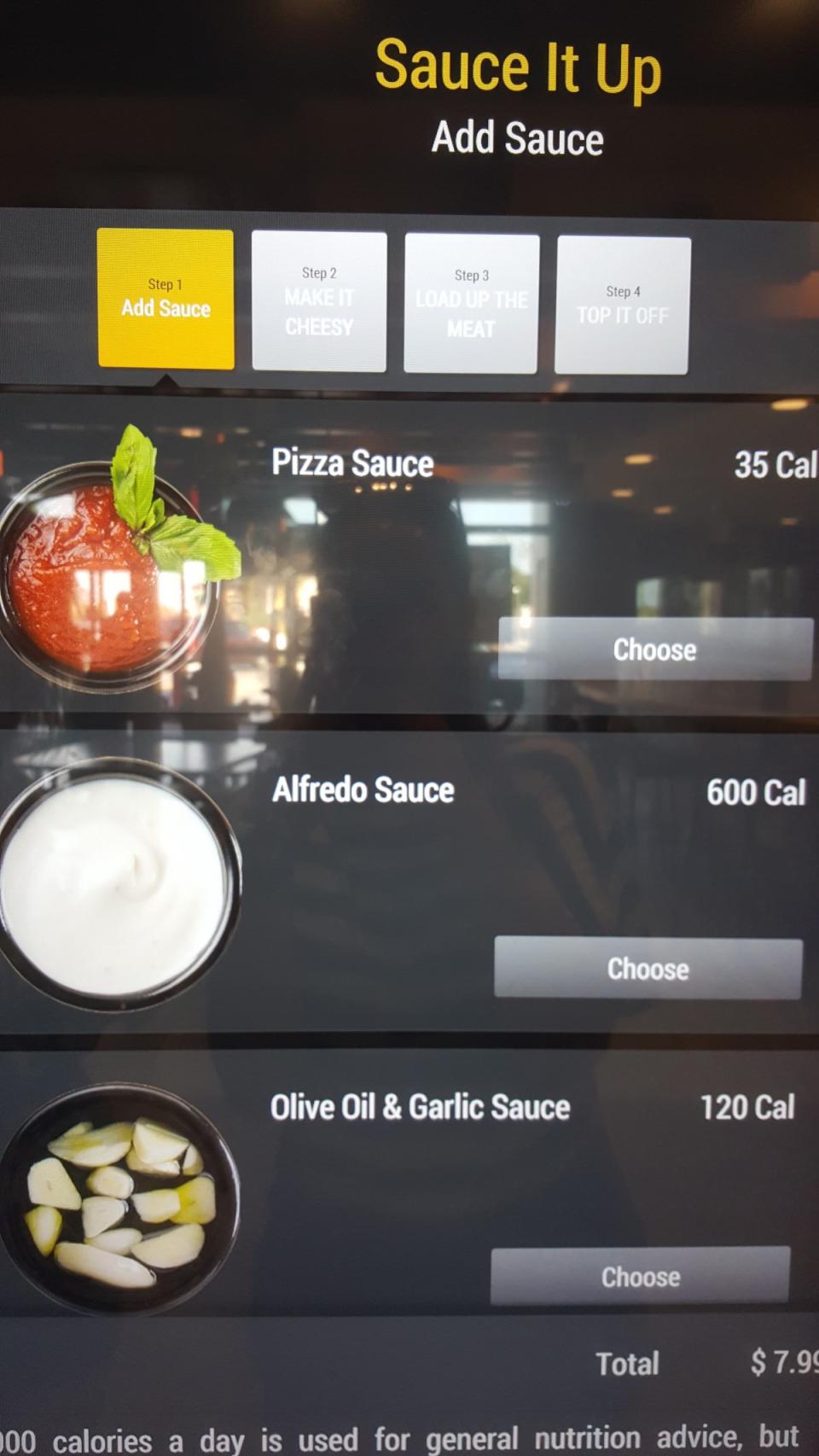 <p>The pizza ordering reminded me a bit of Pizza Hut’s build-your-own pizza system online. You have your choice of sauces, cheeses (mozzarella or a cheddar blend), meat (chicken, bacon, sausage, or Canadian bacon), and other toppings. </p>