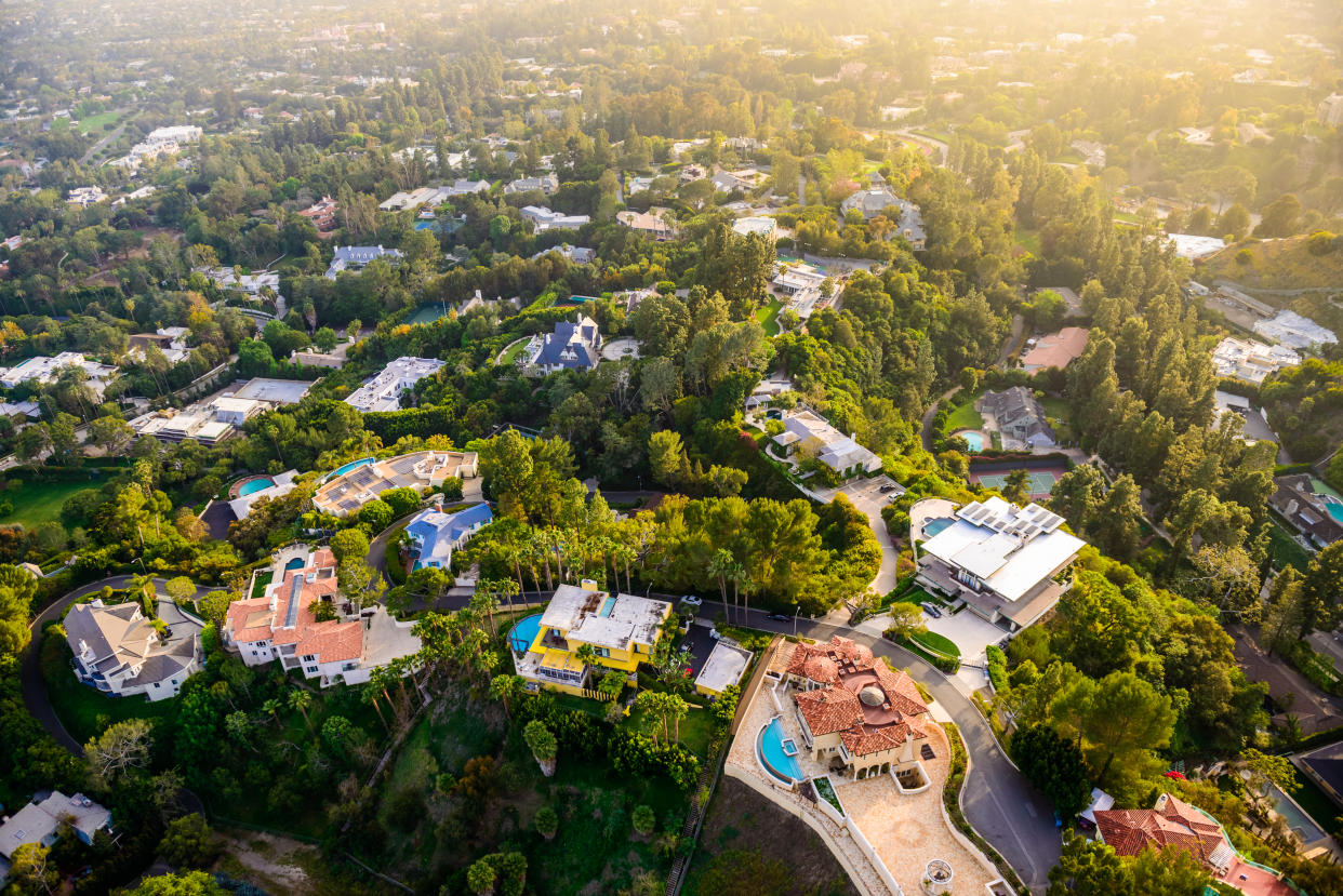 Los Angeles California - Beverly Hills landscape and mansions aerial view late afternoon