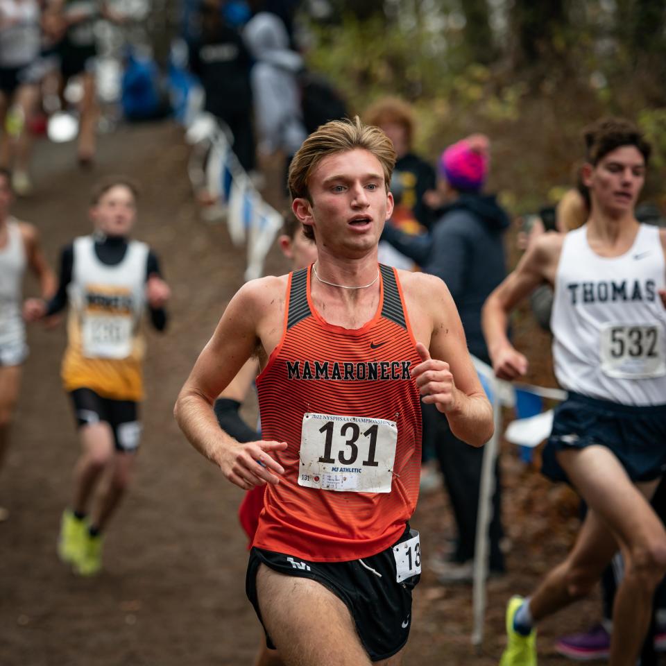 Mamaroneck's Sam Young competes in the NYSPHSAA Cross Country Championships at Vernon-Verona-Sherrill High School in Verona on Saturday, November 12, 2022.