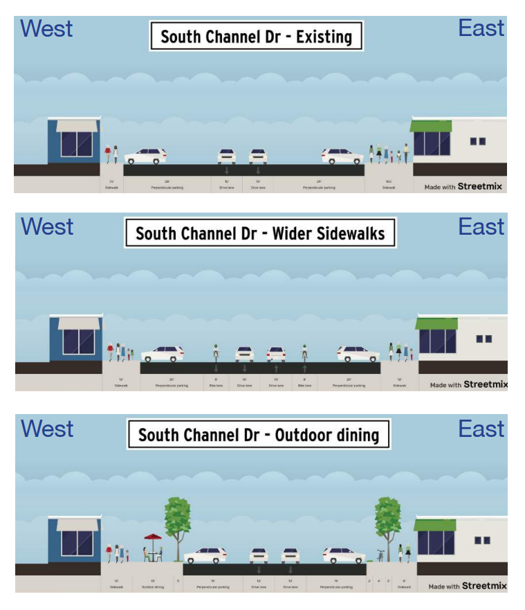 Three images depict two possible ways to redevelop South Channel Drive infrastructure in Sans Souci, according to Clay Township's latest master plan. Revitalizing Sans Souci has long been a priority for officials and Harsens Island business owners.