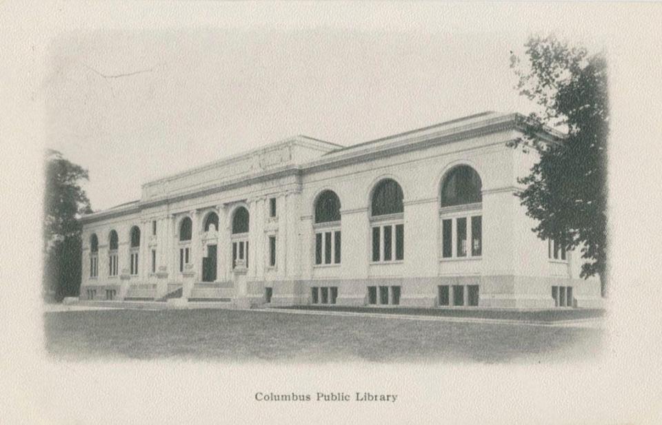 A postcard featuring the original Carnegie Library at 96 S. Grant Ave.