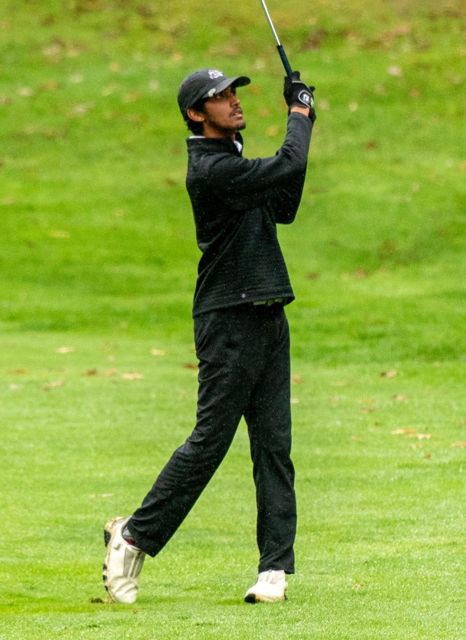 Ayer-Shirley's Sohil Patel hits on the ninth fairway during the Division 3 state golf championship at Sterling National.