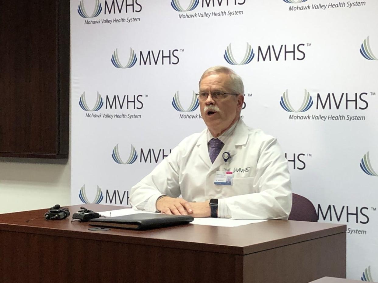 Dr. Kent Hall, chief physician officer of the Mohawk Valley Health System, participates in a media briefing on COVID-19 in this O-D file photo from November 2020. MVHS recently re-instated masking requirements in its facilities for most visitors, staff and patients.