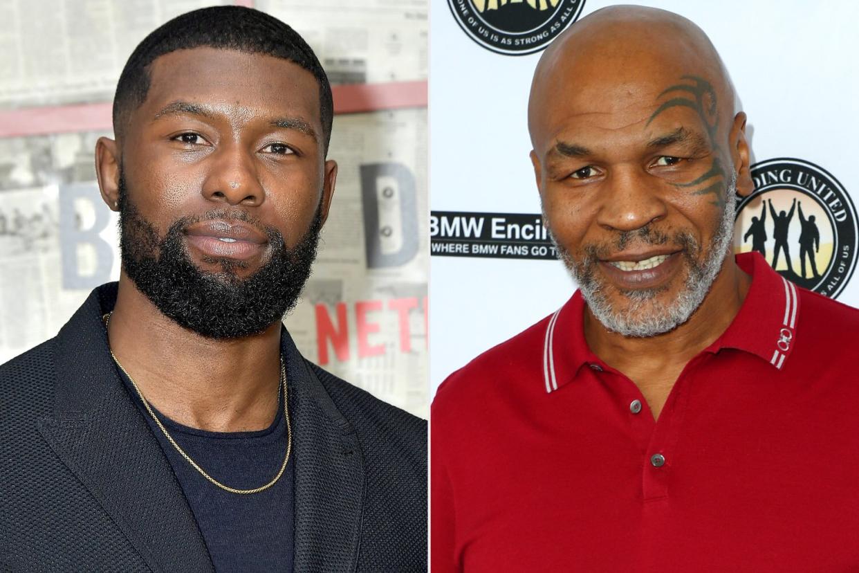 Trevante Rhodes attends the New York screening of "Bird Box" at Alice Tully Hall, Lincoln Center on December 17, 2018 in New York City. (Photo by Michael Loccisano/Getty Images); Mike Tyson attends Mike Tyson Celebrity Golf Tournament in support of Standing United on August 02, 2019 in Dana Point, California. (Photo by Joe Scarnici/Getty Images