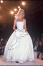 As a blushing, marshmallowy, milk-maidy bride on the catwalk for the Chanel Haute Couture collection fall winter 1992-1993.