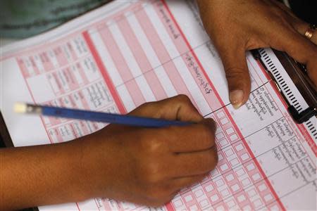 A volunteer collects data for a national census at a Rohingya village in Sittwe, the capital of Rakhine State April 1, 2014. REUTERS/Soe Zeya Tun