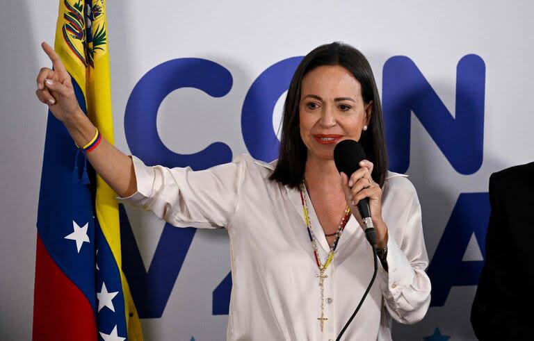 María Corina Machado, en la conferencia de prensa en Caracas. (JUAN BARRETO / AFP)