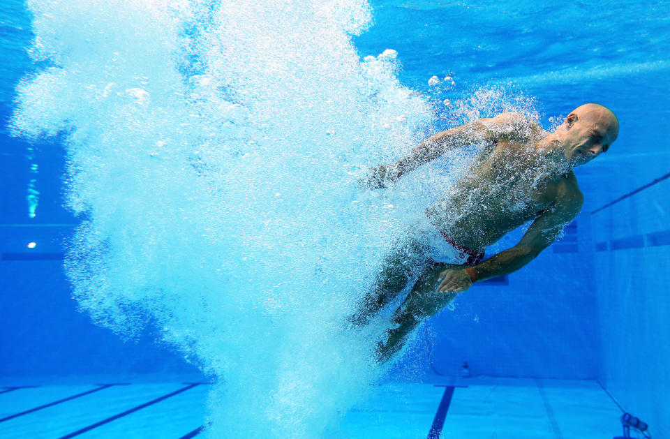 LONDON, ENGLAND - JULY 30: Peter Waterfield of Great Britain competes in the Men's Synchronised 10m Platform Diving on Day 3 of the London 2012 Olympic Games at the Aquatics Centre on July 30, 2012 in London, England. (Photo by Clive Rose/Getty Images)