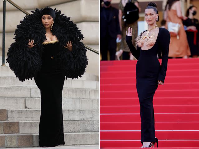 <p>Getty Images</p> Cardi B. and Bella Hadid in Schiaparelli.