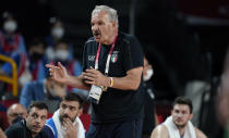 Italy's head coach Meo Sacchetti reacts during men's basketball preliminary round game between Italy and Nigeria at the 2020 Summer Olympics, Saturday, July 31, 2021, in Saitama, Japan. (AP Photo/Charlie Neibergall)