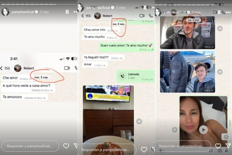 Pampita mostró chats con Roberto, donde se pudieron ver mensajes como 