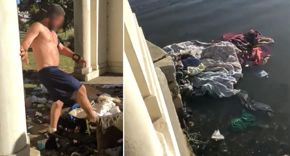 The man was filmed picking up the homeless man’s belongings and dumping them in the lake and a nearby garbage bin. Source: Facebook/John Harris