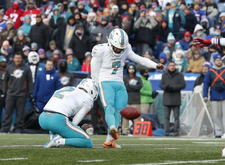 Dec 30, 2018; Orchard Park, NY, USA; Miami Dolphins kicker Jason Sanders (7) kicks a field goal during the second half against the Buffalo Bills at New Era Field. Mandatory Credit: Timothy T. Ludwig-USA TODAY Sports