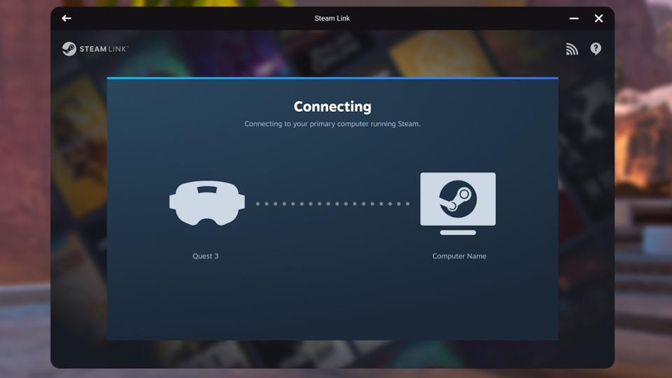  Steam Link software screen connecting to Meta Quest 3 VR headset. 