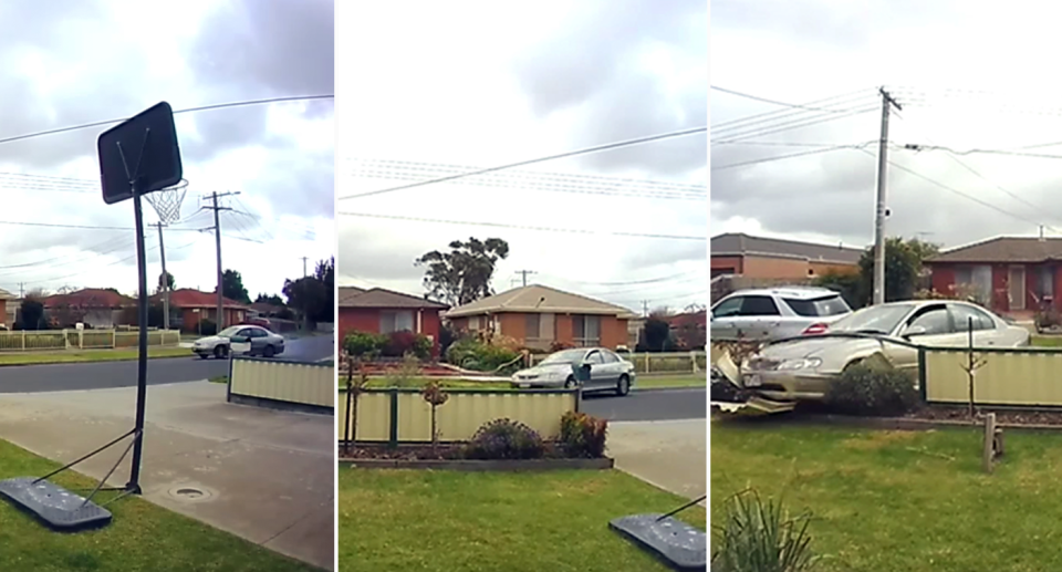 A driver is seen rapidly losing control of the car after it screeches around the corner. Source: Facebook. 